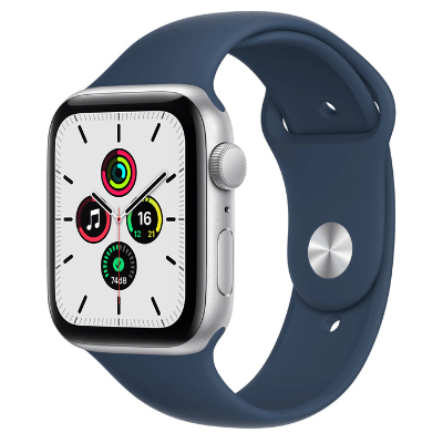 Apple Watch SE 44mm GPS 銀色鋁金屬錶殼配上深邃藍色運動錶帶MKQ43ZP