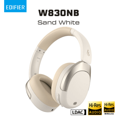 Edifier W830NB Sand White – detail náušníkov a označenia Hi-Res Audio Wireless