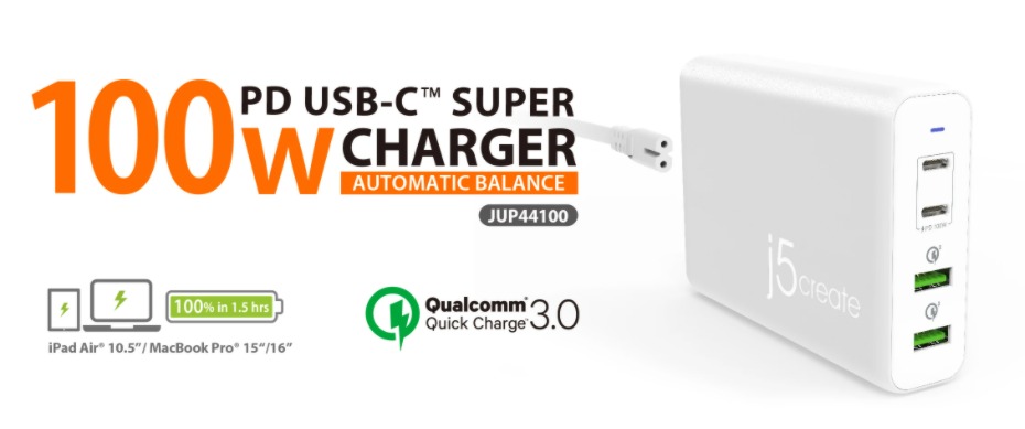 j5create JUP44100 100W 4-Port PD USB-C Charger | YOHO