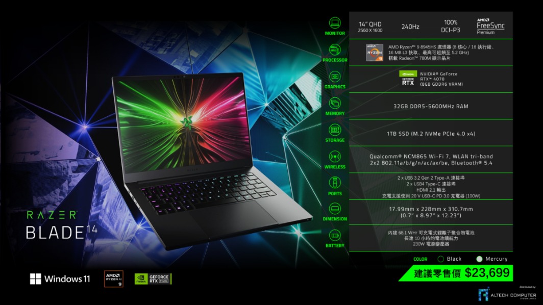 Razer Blade 14 QHD+ 240Hz/R9-8945HS/32GB/1TB/RTX 4070/Win11 Home 