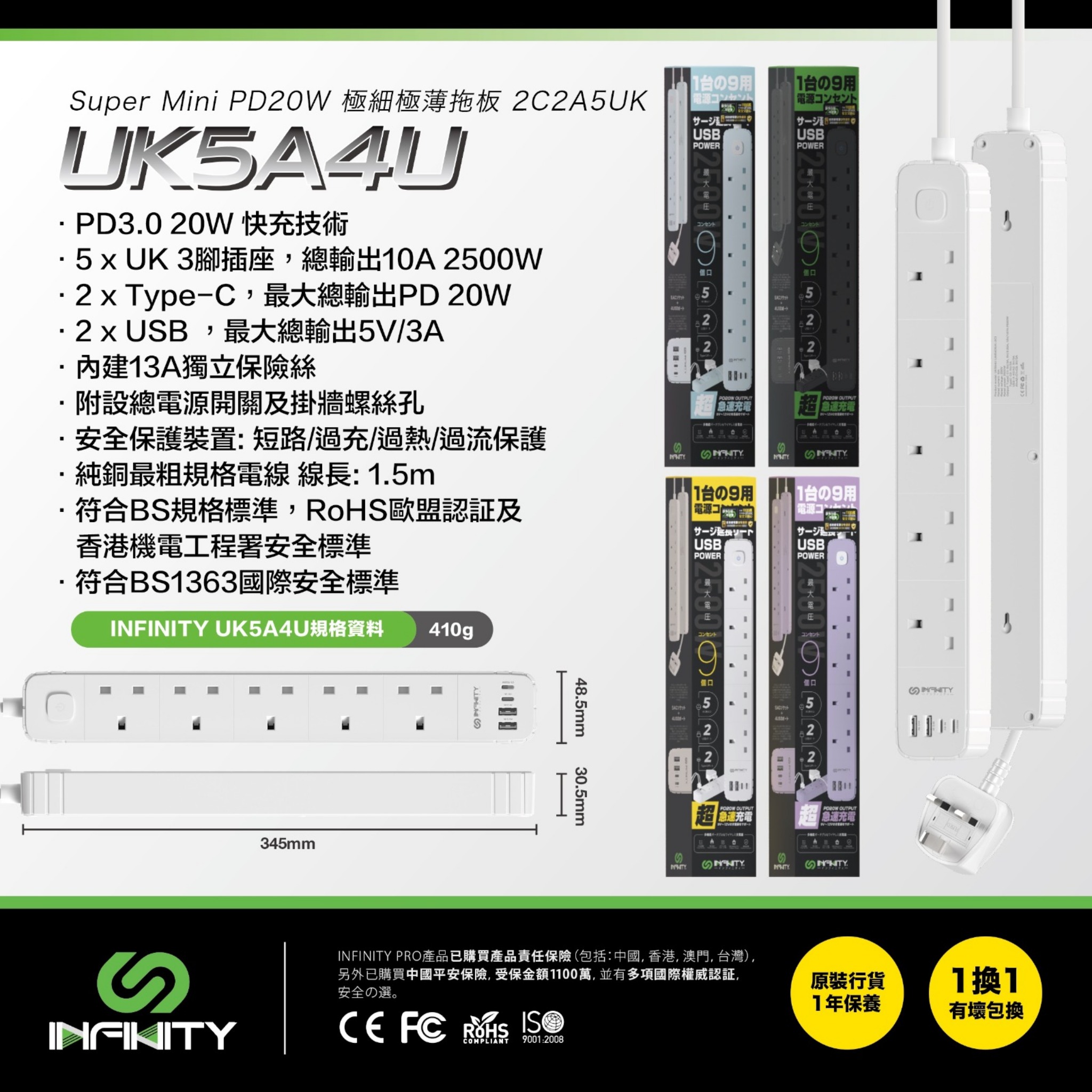 Infinity Socket Infinity INFINITY Super Mini 5x13A + 2USB + 2 Type-C Super Slim ...